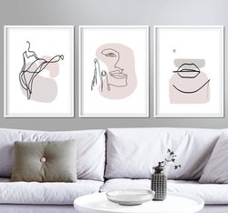 Women Line Art Set of 3 Prints Woman Line Drawing Pink Wall Art Minimalist Poster Instant Download Living Room Decor