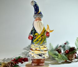 Russian hand carved Santa, Santa Claus in a moon cap, Collectable Russian Santa, Santa carved