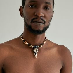 African skull men's pendant necklace. Wooden bead necklace for men