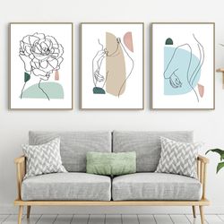 Female Line Drawing Set of 3 Prints Printable Wall Art Line Artwork Blue and Pink Art Women Painting Abstract Print