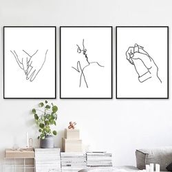 Love Prints Line Drawing Set Of 3 Wall Art Couple Poster Hands Love Hand Line Art Printable Art Minimalist Art Home Art