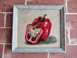Red Pepper painting, Vegetables kitchen wall decor, Vegetables art, Pepper still life, Food art, Dining room wall decor