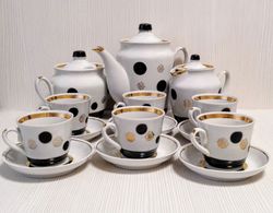 Soviet Vintage Porcelain. Polka Dots Coffee Set. Russian Porcelain