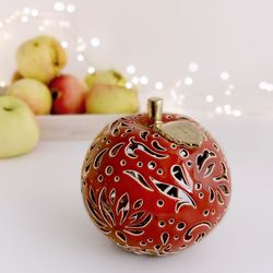 Handmade ceramic apple figurine - xmas tealight holder Ceramic pottery candle holder - christmas red tray decor