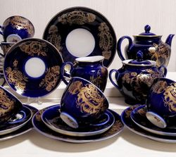 Vintage Gold Cobalt Blue Lomonosov Set. Soviet Blue Porcelain LFZ