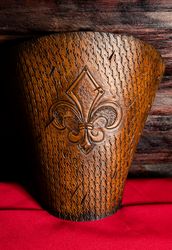 Leather bracer musketeers vambrace for larps cosplay vegetable tanned leather embossed armor Fleur de lis