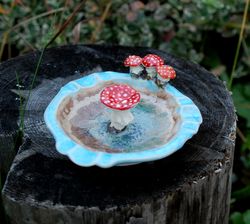 Ceramic ashtray Mushroom Fly agaric figurine Small decorative vase Ceramics plate Sculpture saucer Fairy tale figurine