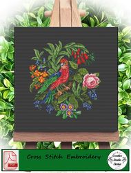 Embroidery scheme Beautiful bird/ Vintage Cross Stitch Scheme Flower Basket