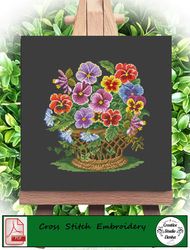 Embroidery scheme Basket with violetsd /  Vintage Cross Stitch Scheme Flower Basket