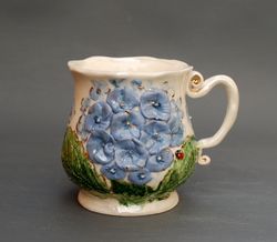 Flower mug Blue hydrangea Embossed decor mug Botanical ceramics Plant prints mug Beautiful green blue cup Handmade gift