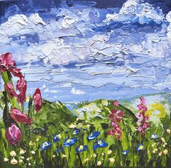 Summer Landscape Oil Painting Small Original Art Flower Field Impasto Wall art Art Work 4" by 4" by KArtYulia