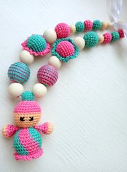 Teal Pink crochet teething necklace for newborn and mom
