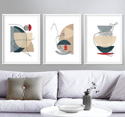 Geometric Wall Art Set of 3 Prints Downloadable Art Navy Red Art Abstract Print Living Room Decor Modern Pictures