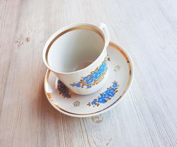 Soviet Verbliki tea pair porcelain - blue brown floral tea set single