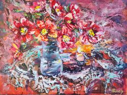 Lighted Candle Flower Bouquet Glass Vase Wine Oil Painting Impasto Original Artist Svinar Oksana