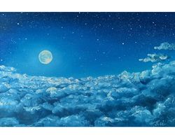 Moon Painting Night Sky Oil Painting Skyscape 8 by 12 Starry Night Original Art Clouds Wall Art Moonlight
