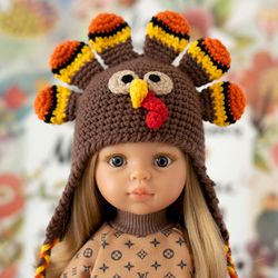 Crocheted Turkey hat for Paola Reina doll, Meadowdolls Dumplings, Little Darling, Siblies Ruby Red for Thanksgiving Day