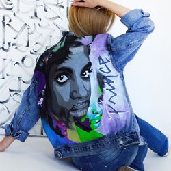 Denim jacket women, hand painted girl denim jacket, unisex designer jacket jean, wearable art,portrait from photo Prince