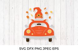 Autumn retro car and cute fall gnome. Thanksgiving SVG