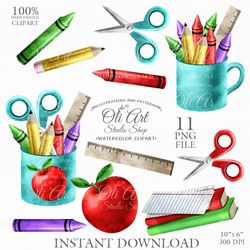 School Clip Art. Pencils, Crayons, Scissors, Book. Hand Drawn graphics. Digital Download. OliArtStudioShop