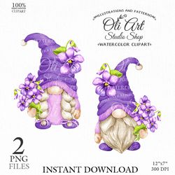 Gnomes with violets clip art. Cute Characters, Hand Drawn graphics. Digital Download. OliArtStudioShop