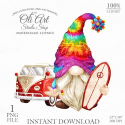 Hippie Gnome Clip Art. Campervan clip art. Cute Characters, Hand Drawn graphics. Digital Download. OliArtStudioShop