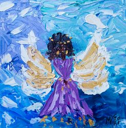 African Angel Painting Religious Original Art 8" Black Angel Artwork Fairy Gold