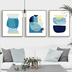 Geometric Wall Art Set of 3 Prints Blue Yellow Art Abstract Painting Living Room Decor Modern Pictures Downloadable Art