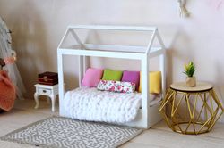 Miniature frame bed, dollhouse wooden canopy 1:12 scale TBLeague Phicen BJD Realpuki doll. Modern bedroom furniture with