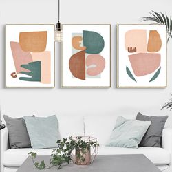 Abstract Painting Scandinavian Art Set of 3 Prints Living Room Decor Modern Print Green Pink Wall Art Downloadable Art