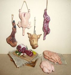 Dollhouse miniature 1:12 meat, fresh meat, animal carcasses, butcher