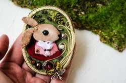 Cute gift Brooch miniature Monsieur Rabbit, brooch with beads and beads, hand embroidery