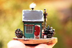 Blue christmas village house 4" with a guardian angel. Vintage style small wooden house. Merry christmas gift