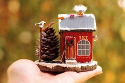 Red christmas village house 4" Ski shop". Vintage style small wooden house. Merry christmas gift