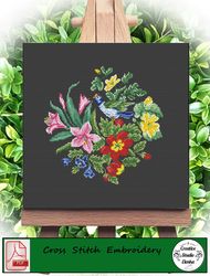 Embroidery scheme Little bird / Vintage Cross Stitch Scheme Flower Basket