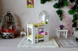 Miniature bunk bed 1/12 scale dollhouse furniture. White wooden twin bed house for Realpuki Pukipuki Irealdoll BJD