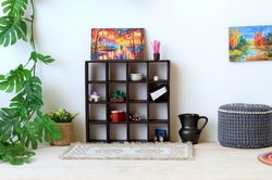 Miniature dollhouse drawer bookcase. Wooden display storage organizer 1:12 scale cabinet. Tiny shadow shelf, bookshelf f