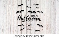 Happy Halloween lettering with silhouette of spiders and bats SVG cut file
