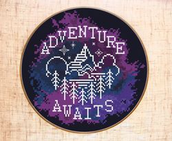 Adventure awaits Cross Stitch Pattern Modern Cross Stitch Wild Forest Cross Stitch Mountains x-stitch Night sky
