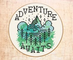 Adventure awaits cross stitch pattern Mountain cross stitch Forest camp Watercolor embroidery Adventure cross stitch