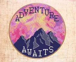 Adventure Awaits Cross Stitch Pattern, Modern Cross Stitch Mountains, Pink sky hoop art PDF