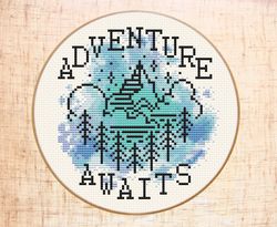 Adventure cross stitch pattern Mountain cross stitch Watercolor embroidery Adventure awaits cross stitch Travel