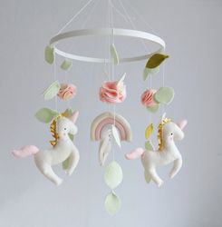 Baby mobile for girl with flowers,  Unicorns,leaves and Rainbow /Nursery decor and Best baby shower gift