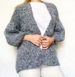 Mohair cardigan with balloon sleeves. Elegant women sweater. Grey fluffy sweater. Oversized wool cardigan. Boho knitwear