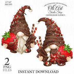 Chocolate Gnome Clip Art. Strawberries in Chocolate. Hand Drawn graphics. Digital Download. OliArtStudioShop