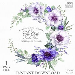 Anemone Flowers Wreath Clipart. Digital Clipart, Hand Drawn Graphics, Digital Download. OliArtStudioShop