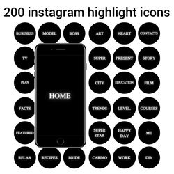 200 instagram story  highlight covers with neon text. White text on black background. Style social media icons.