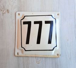 House address number sign 777 - vintage Soviet white black street wall number plate