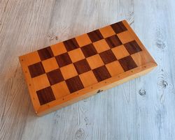 Wooden folding chess board vintage - Soviet old chess box 48 mm cell