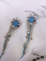 Handmade luxury long crystal earrings with swarovsky pearls, bridal earrings, statement earrings, wedding earrings